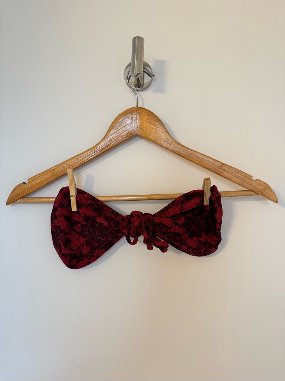 American Apparel Red and Black Floral Tie-Front Bandeau Bikini Top